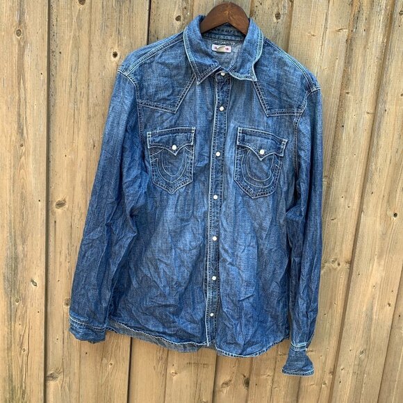 Vintage True Religion Jeans Denim Shirt Jacket XXL - Picture 1 of 4